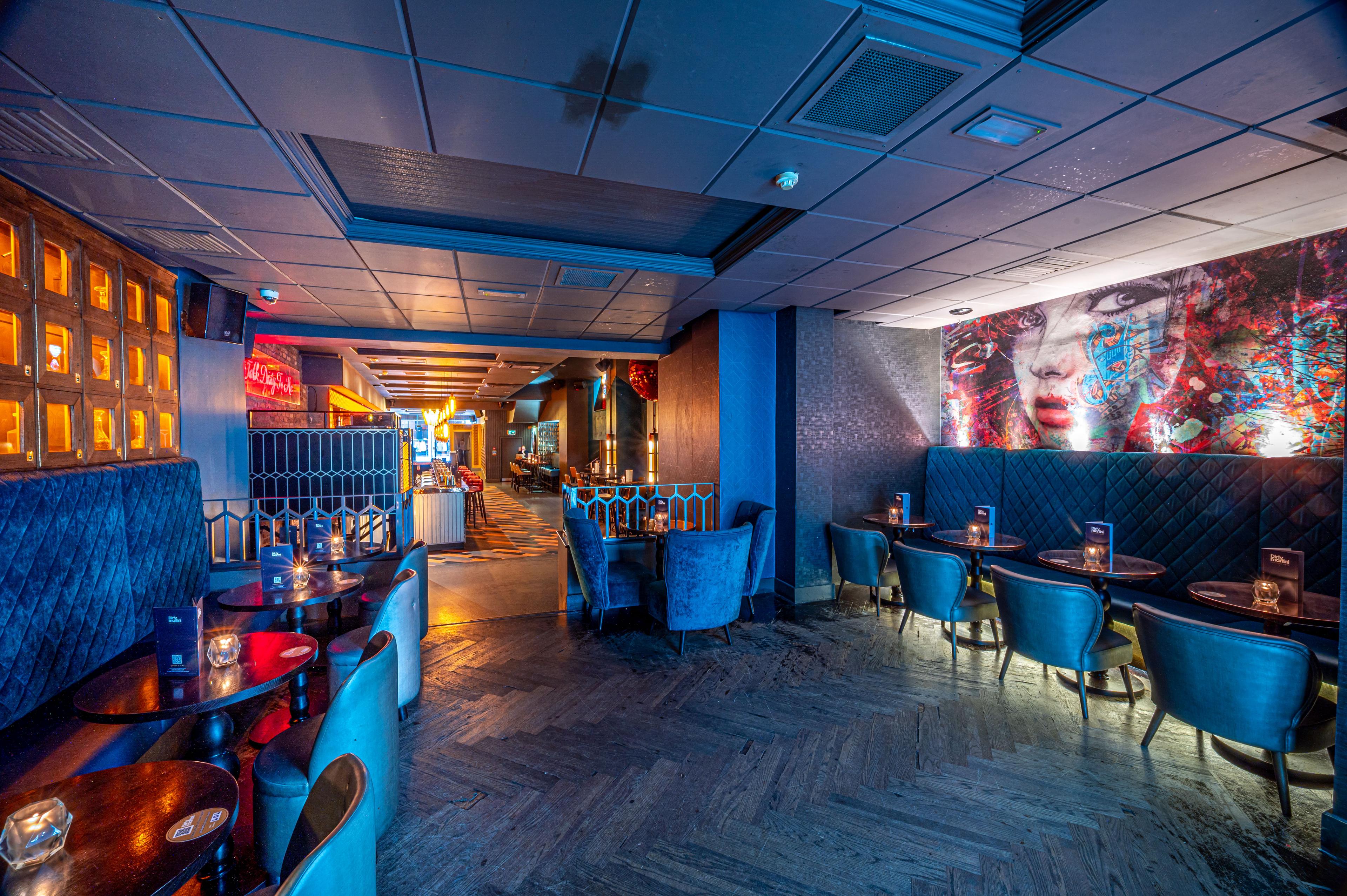 A private hire space with blue interiors in Dirty Martini